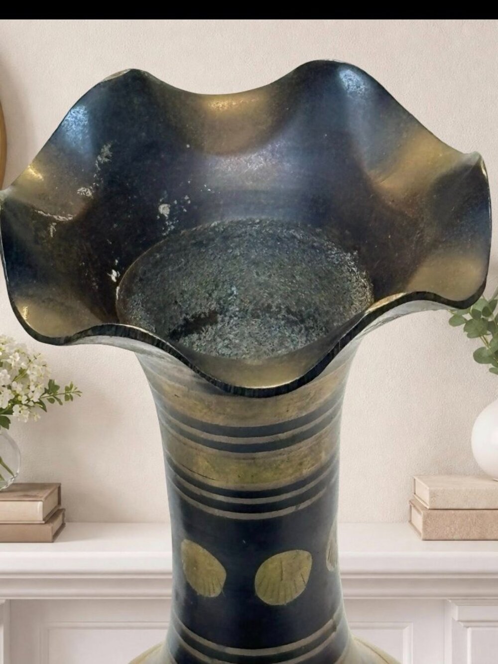 Handmade Black & Gold Floral Brass Vase With Flared Rim & Pedestal Base - Made I - Picture 6 of 8